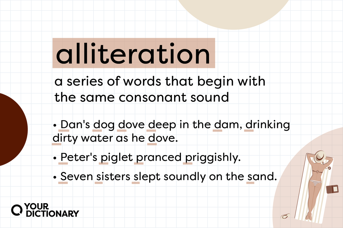 Definition of alliteration and example sentences from the article.