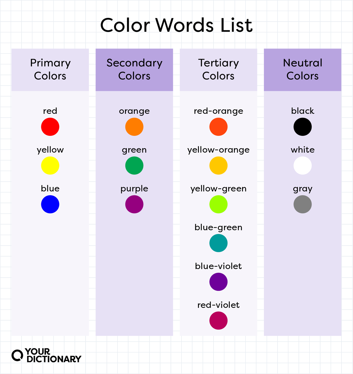 List of primary, secondary, tertiary, and neutral colors from the article.