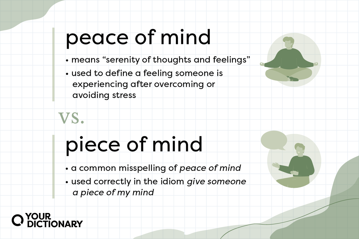 "Peace of mind" and "piece of mind" meanings from article.