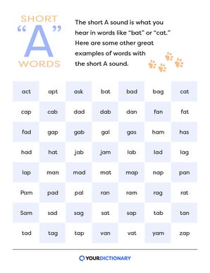 charts listing examples of short vowel words separated by vowel