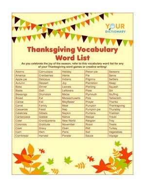 thanksgiving vocabulary word list chart