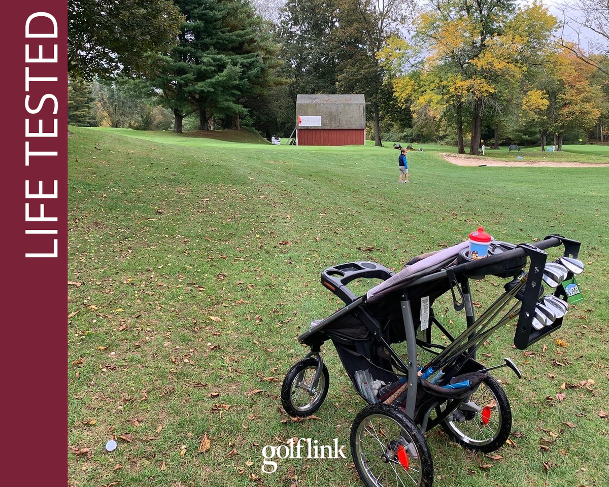 Kid Caddie with eight golf clubs on a stroller
