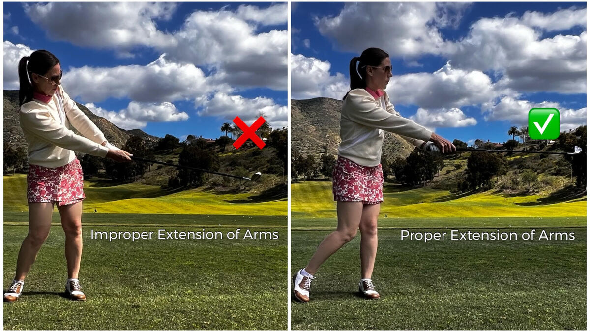 Here's how the proper extension of your arms should look if you want to stop blocking golf shots