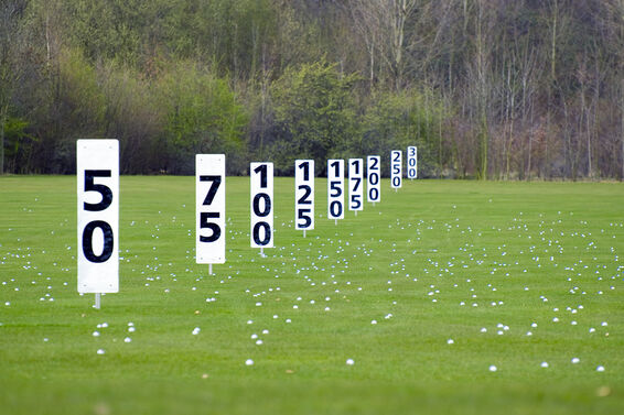 Golf driving range with distances measured
