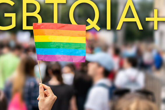 LGBTQIA+ abbreviation and flag with blurred crowd