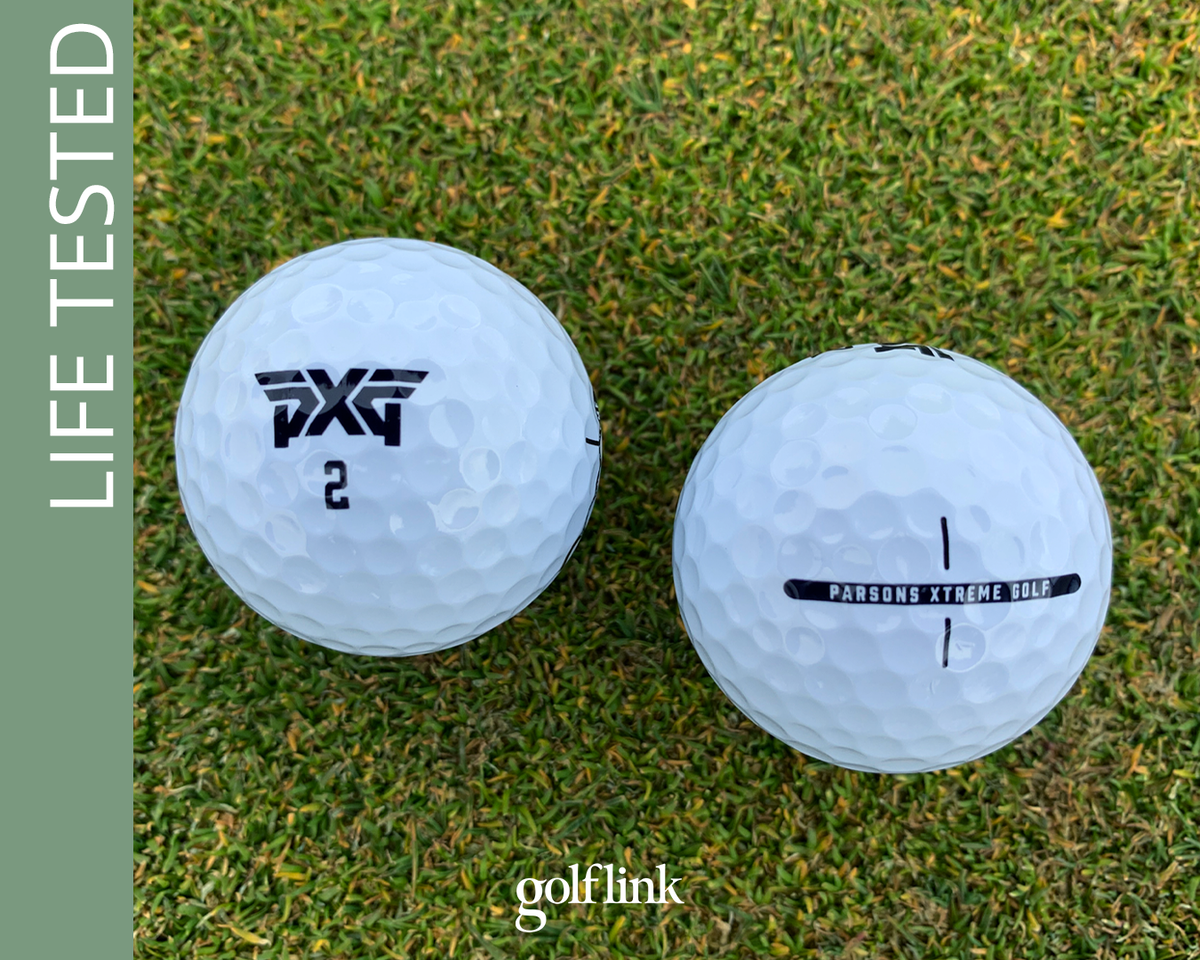 The logo and reticle alignment aid on the PXG golf ball