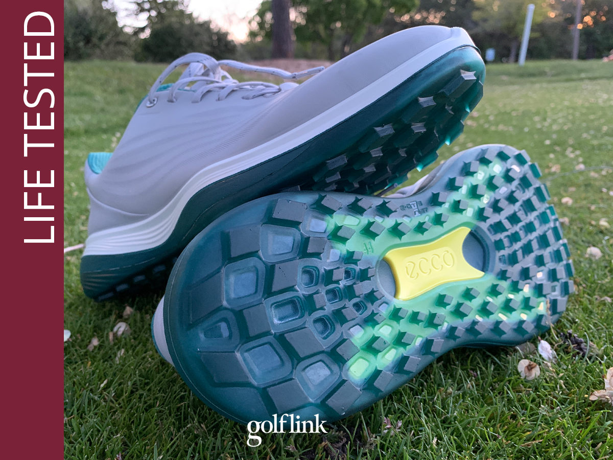 ECCO LT1 golf shoes, including the sole, pictured on a golf course