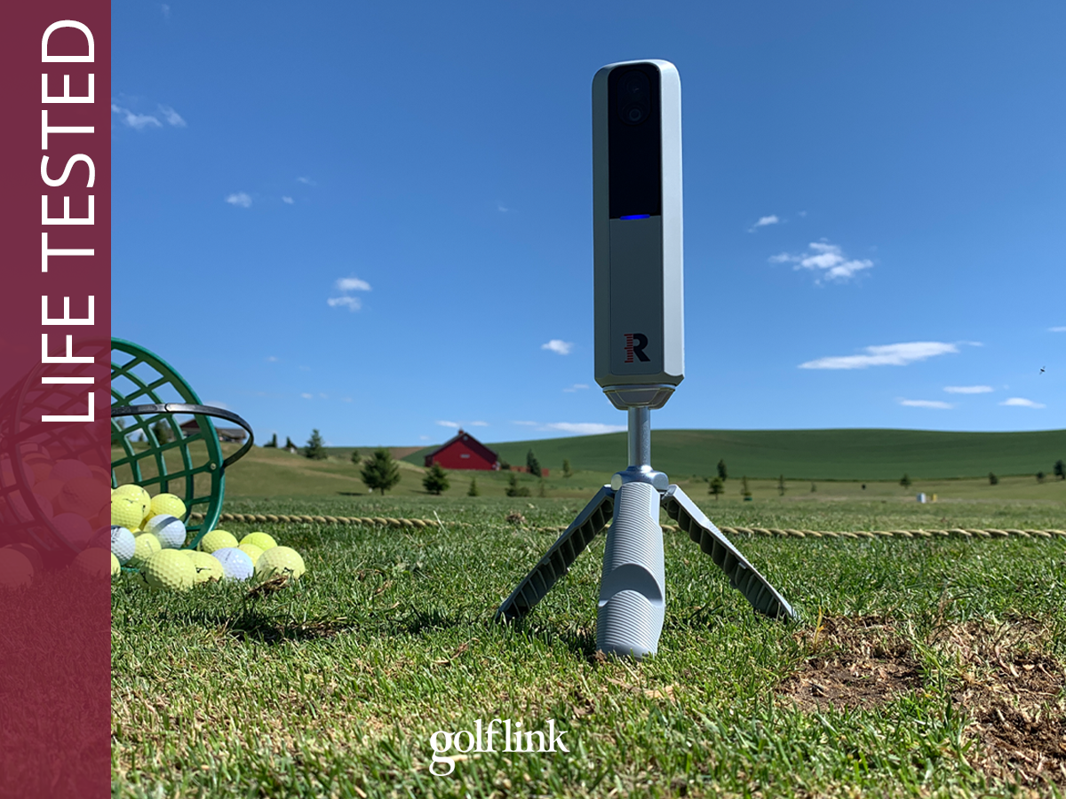 Rapsodo MLM2PRO launch monitor at a driving range during GolfLink testing