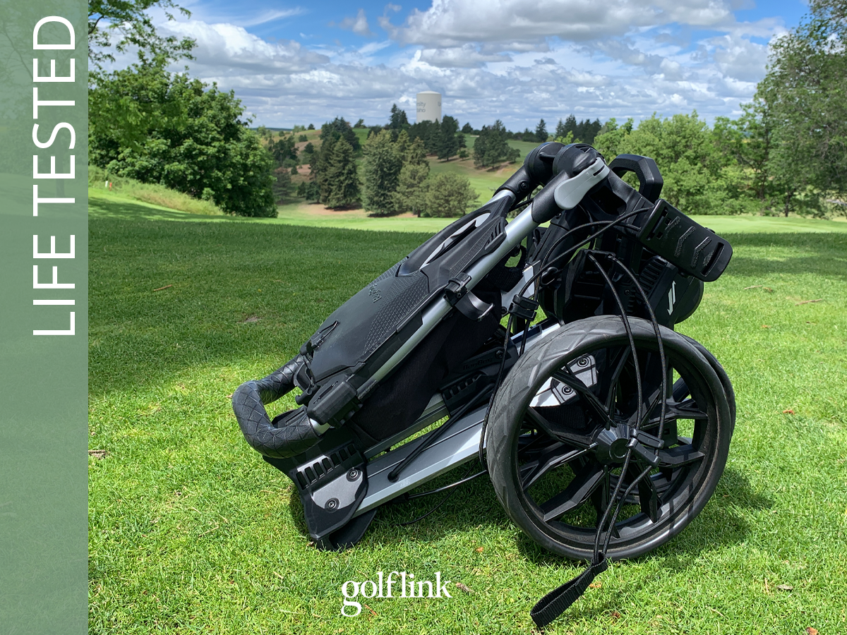 Bag Boy Nitron Push Cart folded up during GolfLink testing