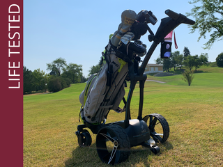 MGI Ai Navigator GPS+ motorized push cart during GolfLink testing