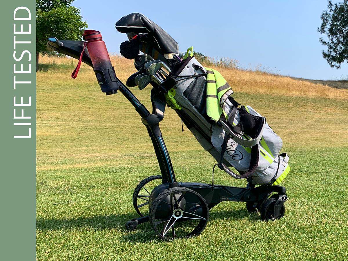 MGI Ai Navigator GPS+ motorized push cart during GolfLink testing