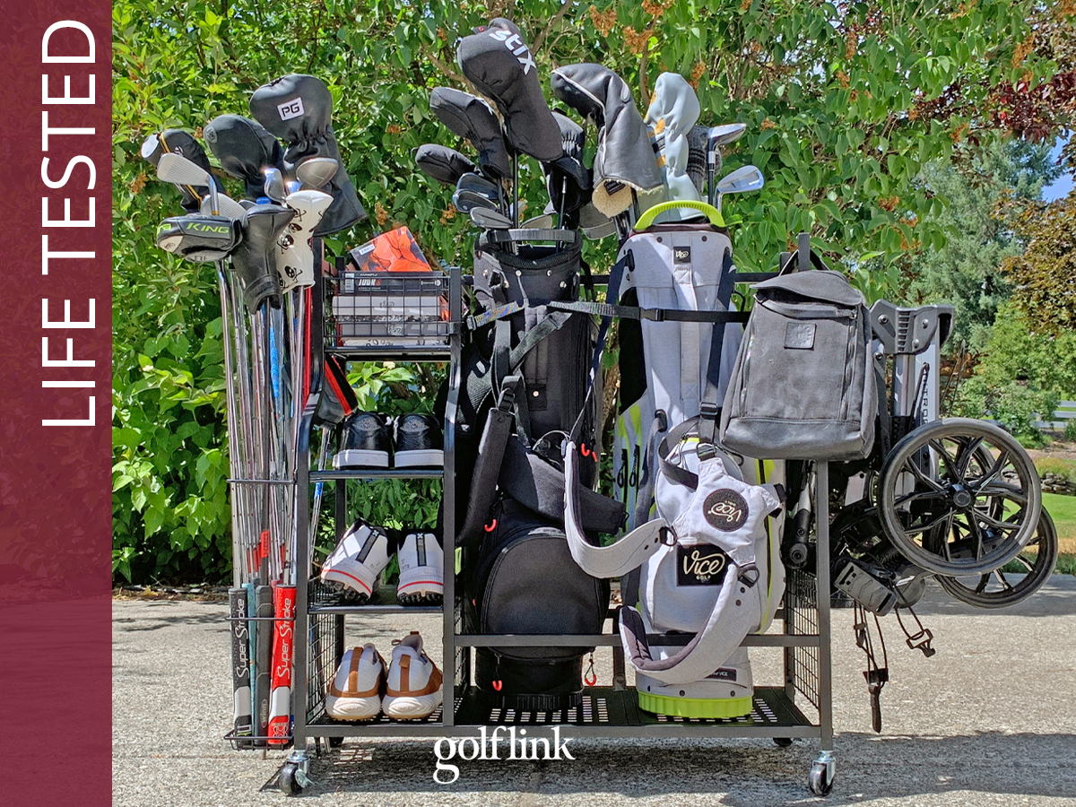 MyThingLogic golf bag storage rack during GolfLink testing