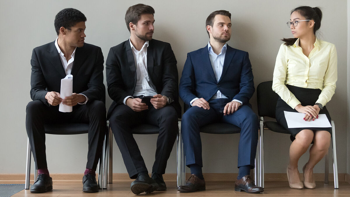 Diverse male applicants with employment sexism prejudice