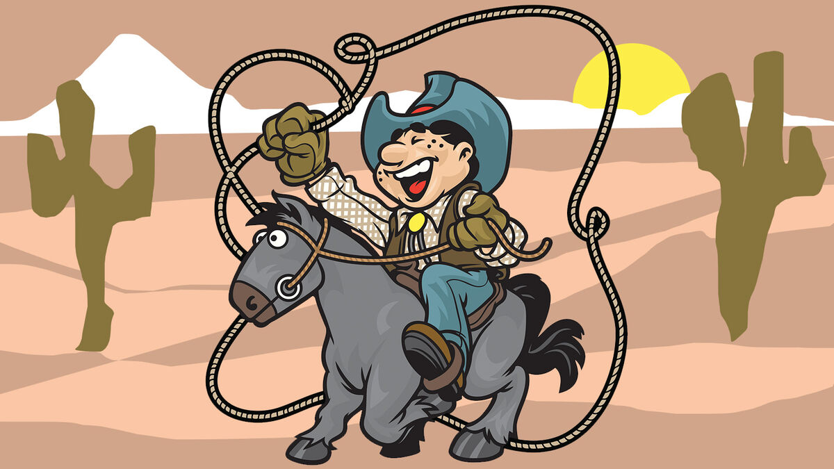 funny cowboy on horse laughing in desert