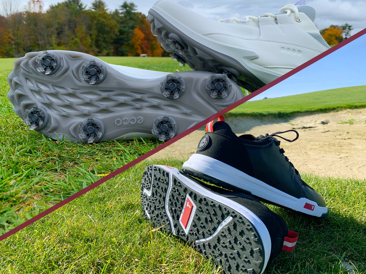 Spiked and spikeless golf shoes during GolfLink testing