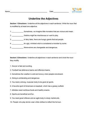 Underline the adjectives worksheet