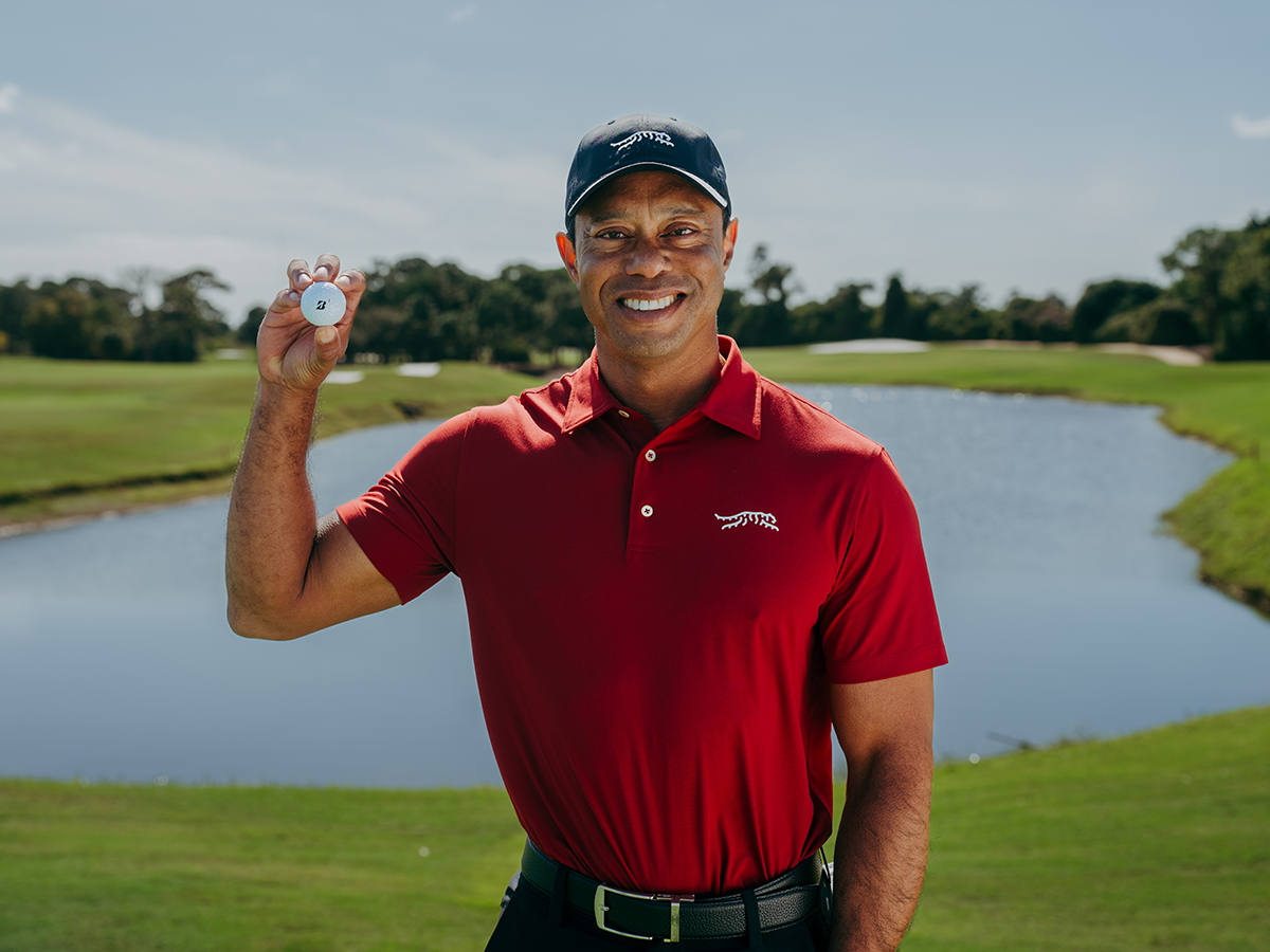 Tiger Woods with the 2026 Bridgestone Tour B golf ball