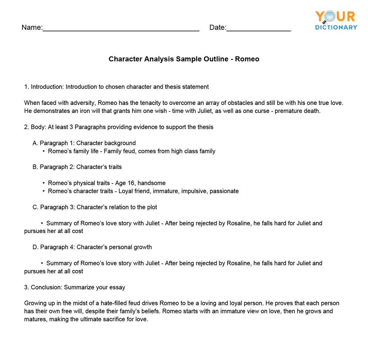 Character Analysis Example Middle School