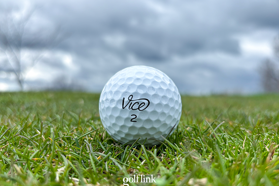 Vice Pro golf ball on a golf course during a GolfLink photo shoot