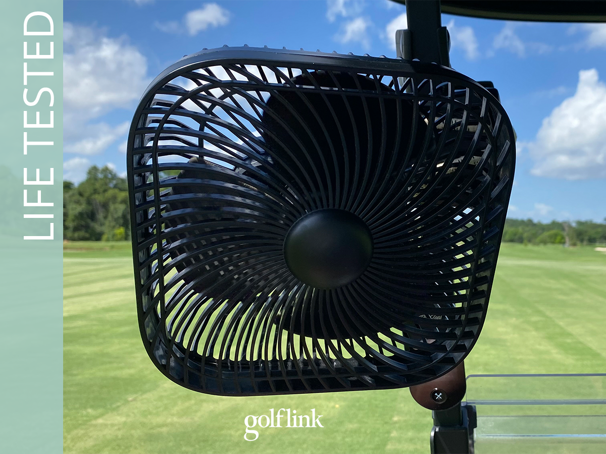SlenPet Clip Fan mounted on a golf cart