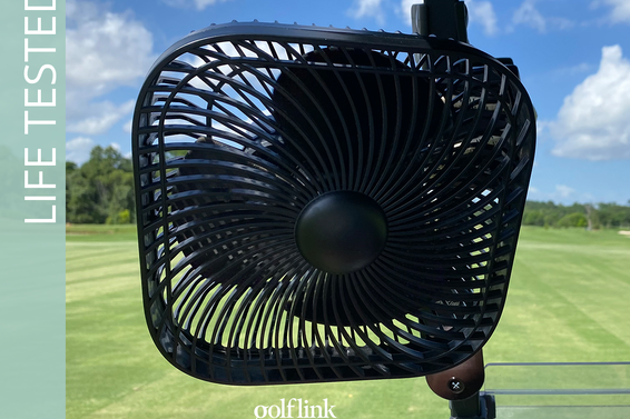 SlenPet Clip Fan mounted on a golf cart