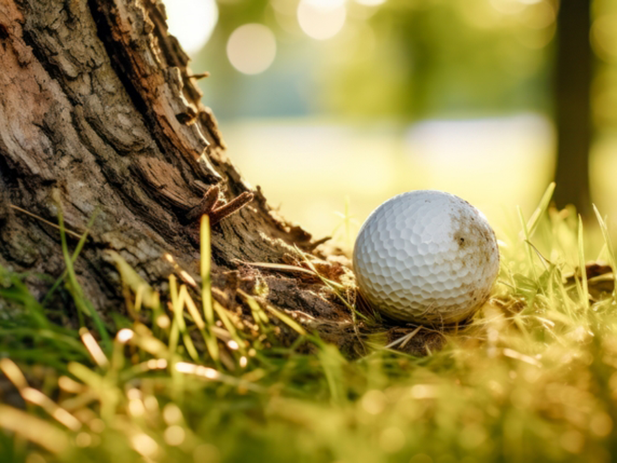Golf ball rests against a tree