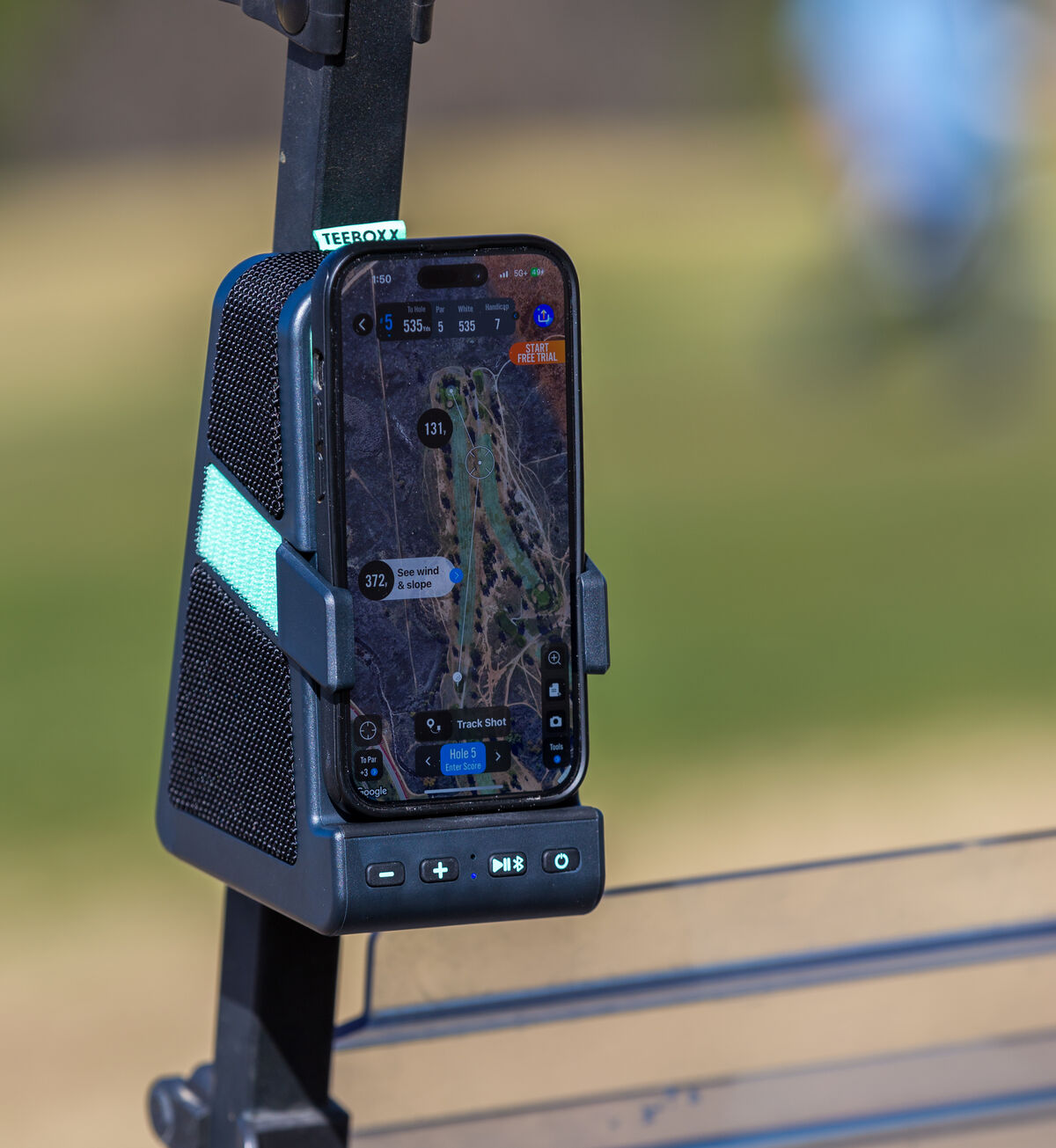 TeeBoxx in use on a golf cart
