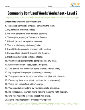 Commonly Confused Words Worksheet Level 2