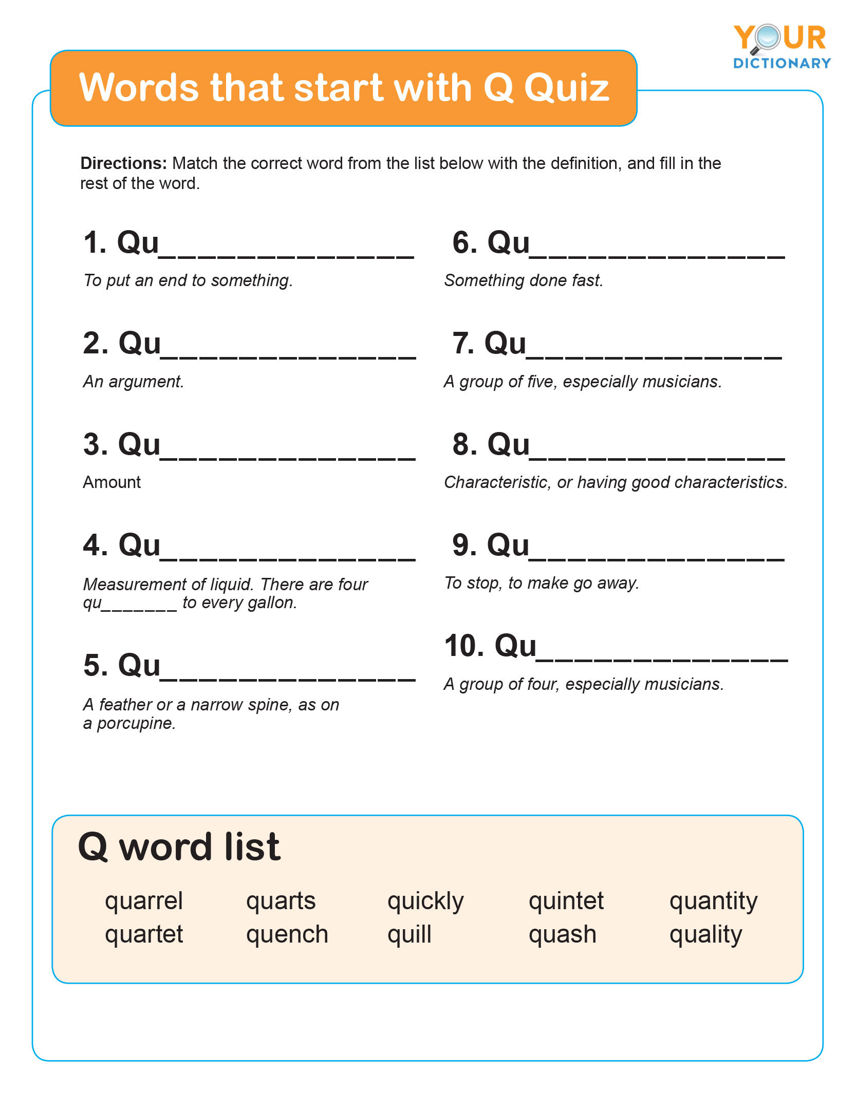 words that start with Q quiz