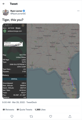 Tiger Woods jet tracker tweet