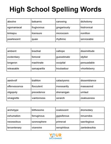 high school spelling words printable list