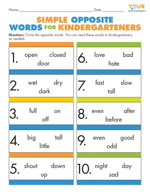 Simple Opposite Words for Kindergarteners