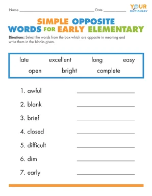 Simple Opposite Words for Early Elementary