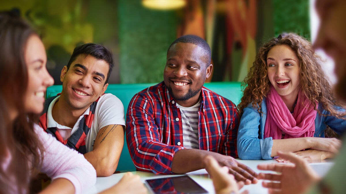 multi-ethnic group talking