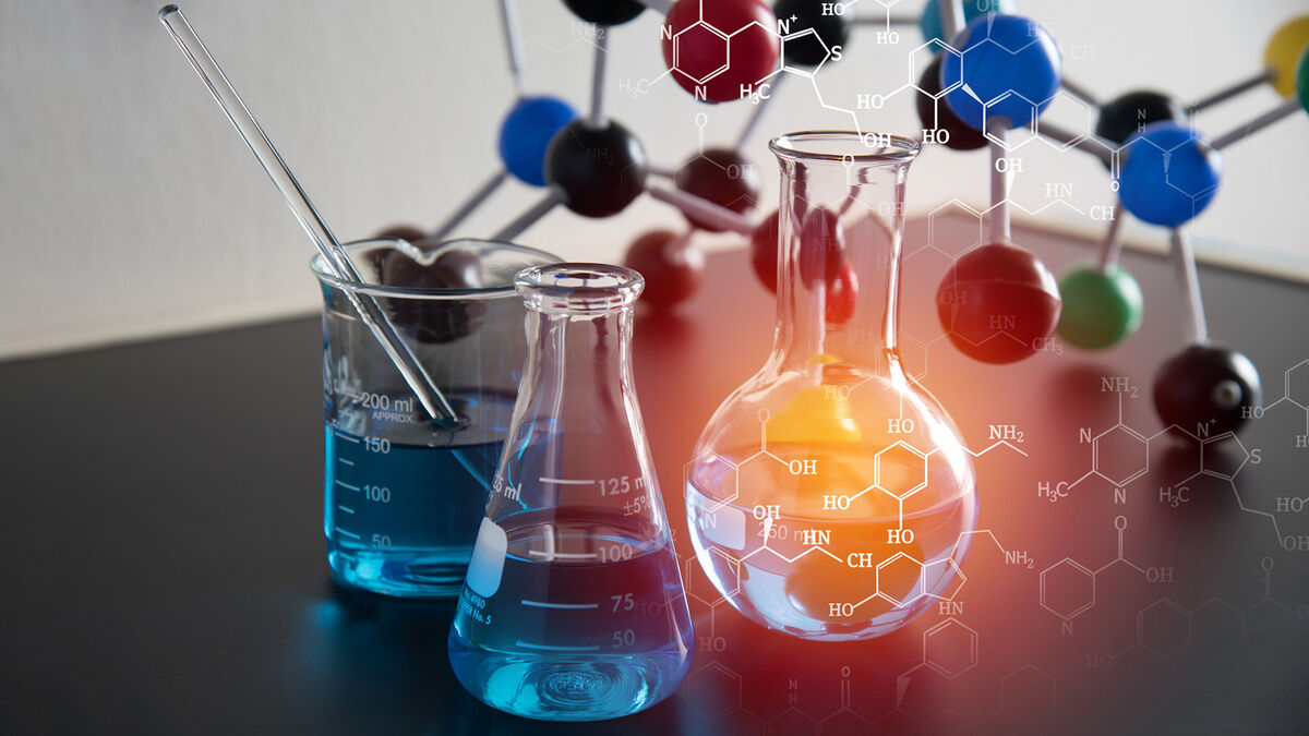 Chemistry beakers and molecular structure