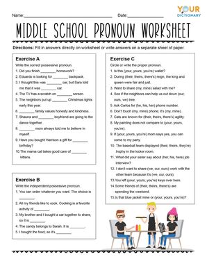middle school pronoun worksheet