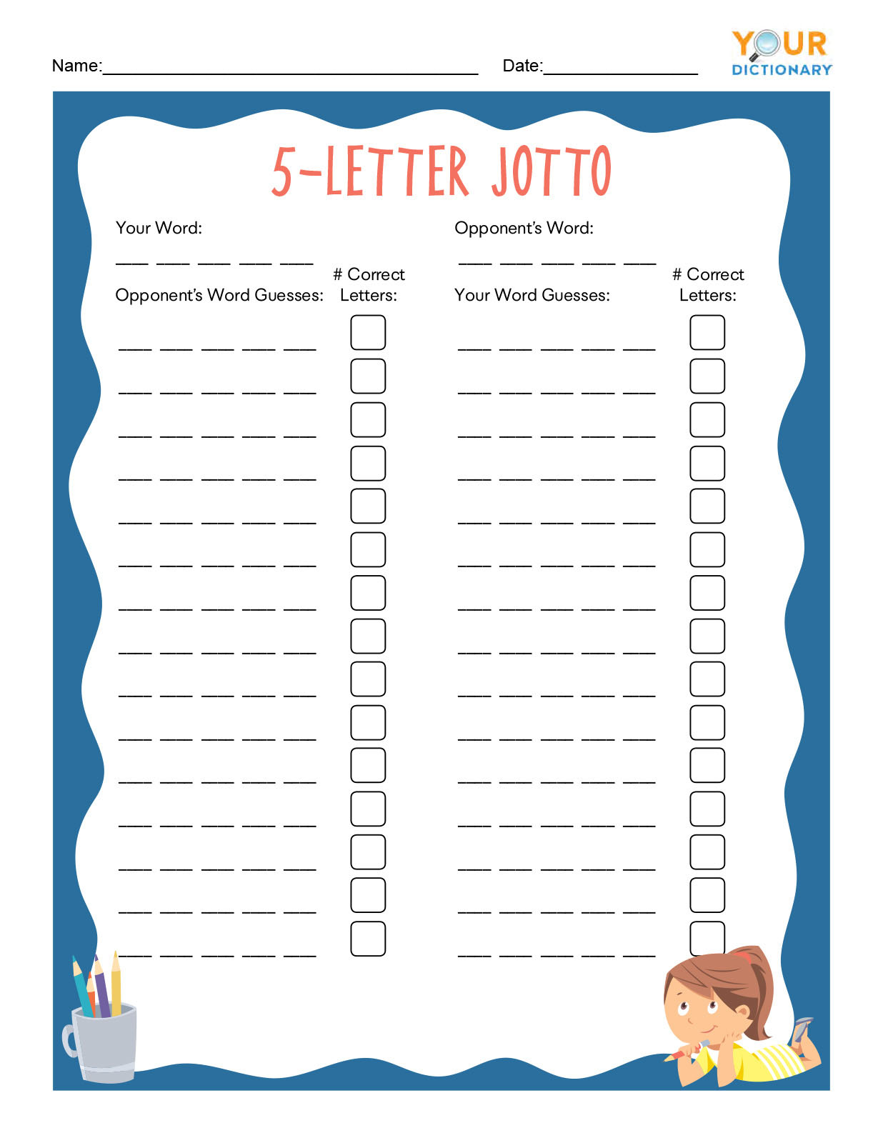 5 Letter Jotto Worksheet