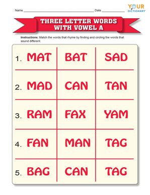 Three letter words with vowel a