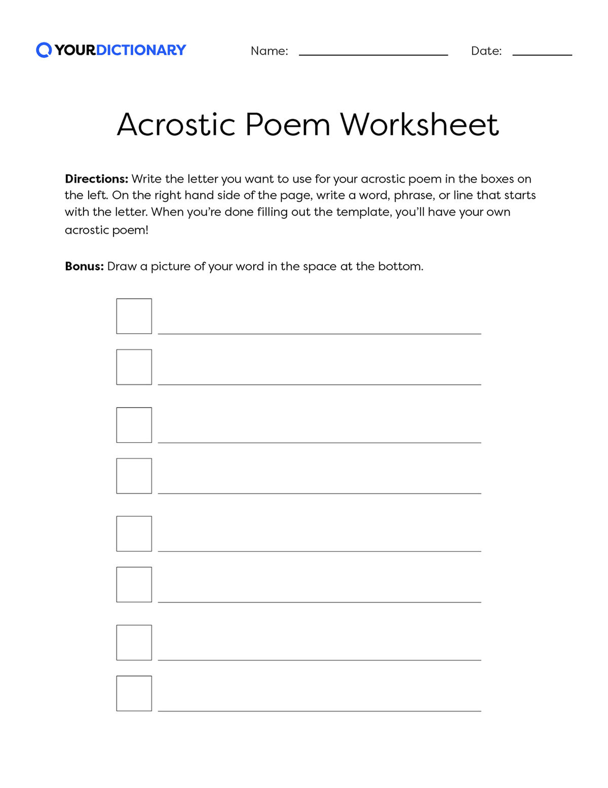 Acrostic Poem Worksheet