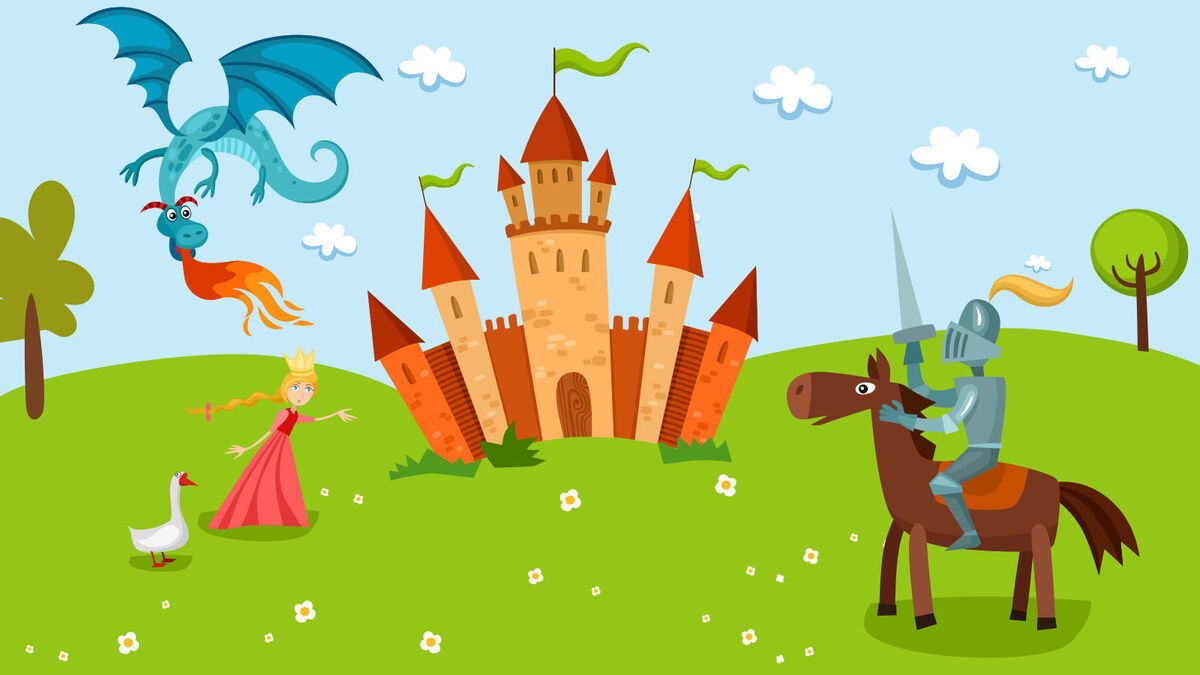 Scene from storybook with a knight, princess, dragon and castle