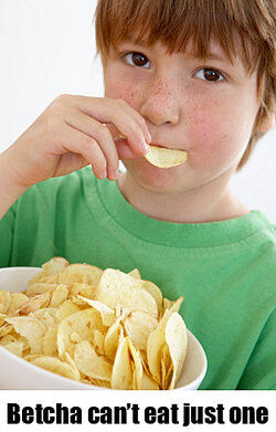 Boy eating chips as catchy slogan examples