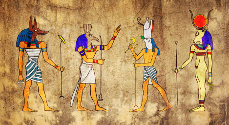 Wall painting of Egyptian gods as examples of Egyptian myth