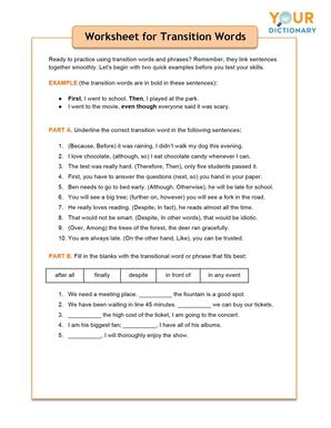 worksheet for transition words