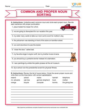 common and proper noun sorting worksheet