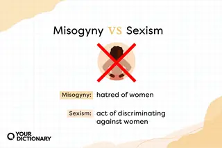 Strikethrough woman with Misogyny vs Sexism definitions