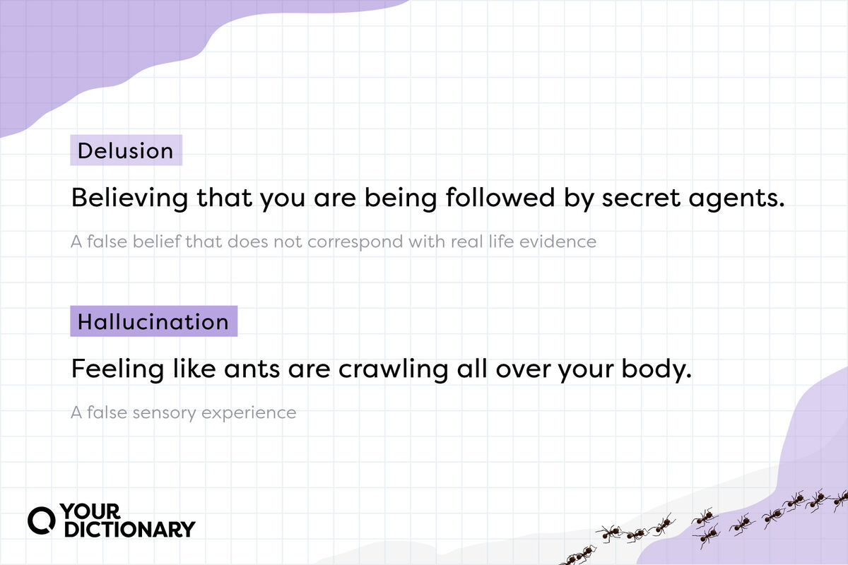 Delusion vs Hallucination (ants icons) With Definitions And Examples