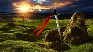 sword in stone medieval landscape