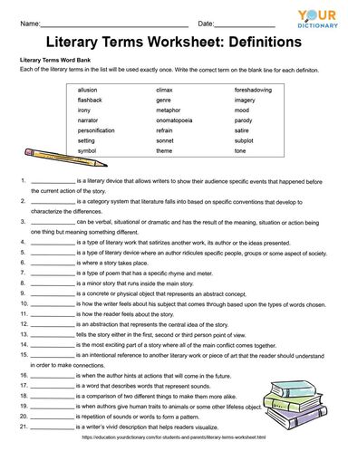 literary terms worksheet definitions