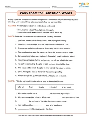 transition words worksheet