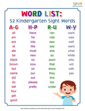 52 kindergarten sight words